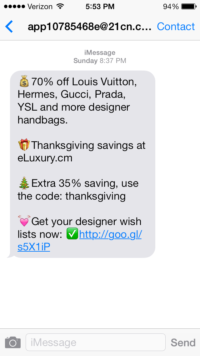 Rise in iMessage spam related to Luxury Goods Cloudmark EN