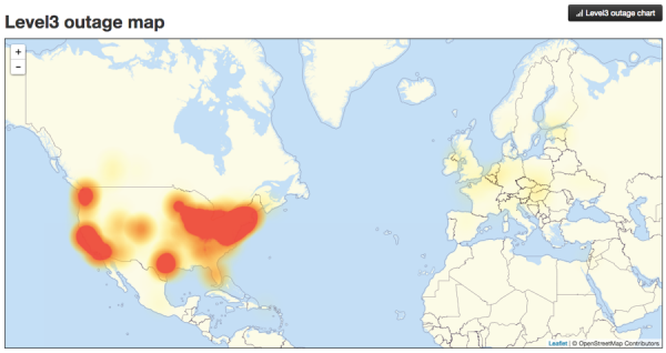 Map as of noon Pacific Time Oct 21. For current Level3 outage map see https://downdetector.com/status/level3/map/