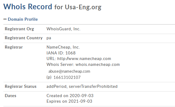 Fig 5: Whois report for Netflix.usa-eng.org